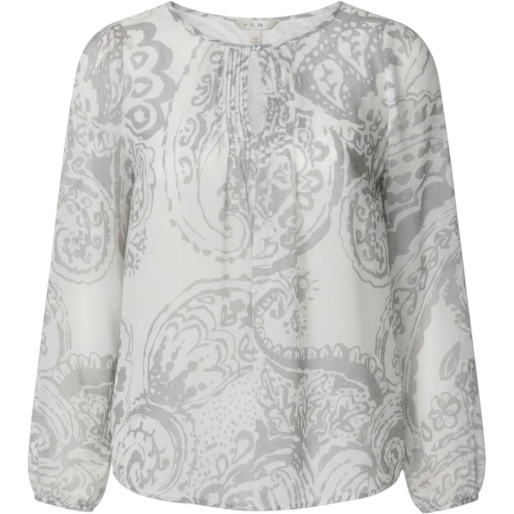 Cabi Paisley Blouse Grey White Pintuck Long Sleeve Top Style 634 XS